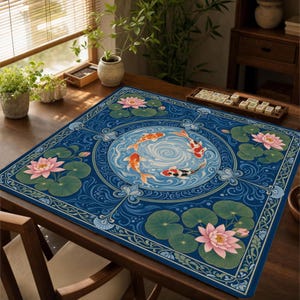 May include: A square game mat featuring a central circular design of three koi fish swimming in swirling blue water. The border is decorated with pink lotus flowers and green lily pads on a deep blue background with intricate swirling patterns.