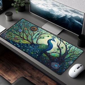 May include: A colourful mouse mat featuring a peacock with blue and green feathers standing in front of a tree with a yellow and green background.