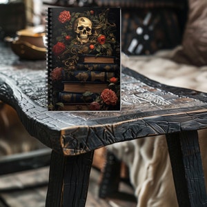 Spiral Notebook, Dark Academia Skull, Roses & Books, Personal Journal, Sketchbook, Personalized Notebook, Grocery List Keeper, School Gifts