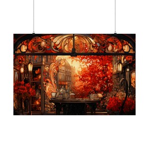 Mesmerizing Autumn Cafe Poster, Art Nouveau Poster, Fall Wall Decor, Art Nouveau Wall Decor, Home Decor, Artisan Wall Art, Frameable