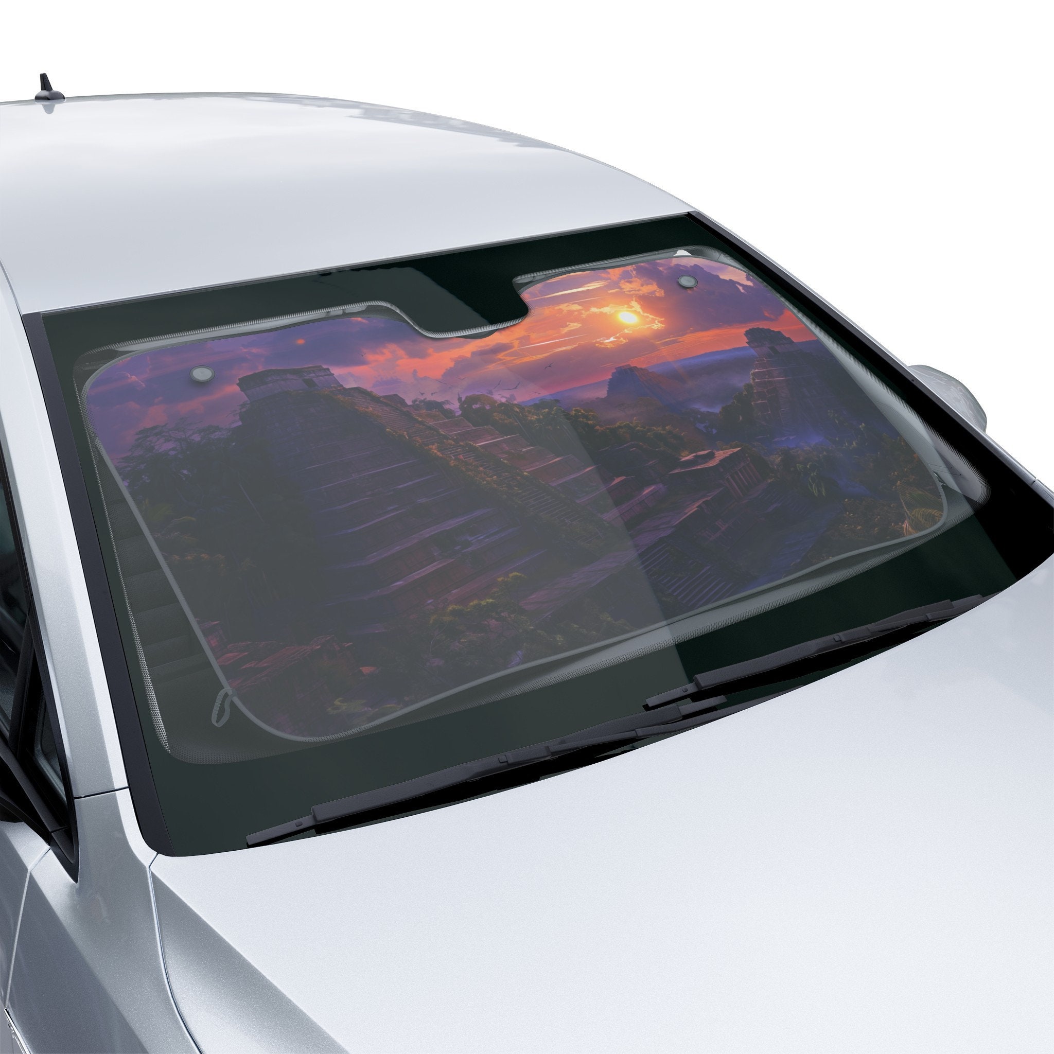 Mayan Pyramid Sun Setting Windshield Shade