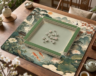 Tapete de Mahjong con Paisaje Chino / Tapete de Juego con Pabellón de Lotos, Grullas y Koi de Shan Shui / Arte Clásico Chino Antideslizante / Sabios del Pasado