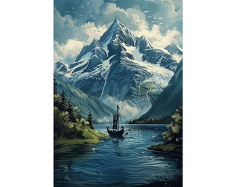 Norse Fjord and Longboat Poster Wall Art, Frameable Viking Wall Poster, Fantasy Nordic Poster Print, Bedroom Decor, Living Room Wall Art