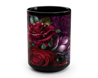 Gothic Floral Purple and Burgundy Rose 15oz Coffee Mug Goth Coffee Cup Black Kitchen Decor Horror Aesthetic