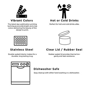 May include: A black and white illustration of a mug with a lid. The mug is labeled "Stainless Steel" and "Clear Lid / Rubber Seal". The mug is also labeled "Vibrant Colors", "Hot or Cold Drinks", and "Dishwasher Safe".