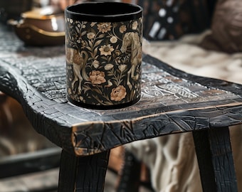Medieval Floral Horse Mug - Medieval Floral Mug - Medieval Mug, 11oz or 15oz Black Ceramic Mug
