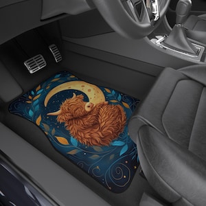 Whimsical Highland Cow Car Mats: Moon & Stars Decor, Cozy Auto Accessories