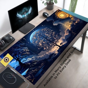 Blue Desk Mat, Fantasy Aesthetic Tree and Forest Moon Clouds and Sky, Twinkling Stars Playmat  Extended Mousepad XL, XXL Mouse Pad