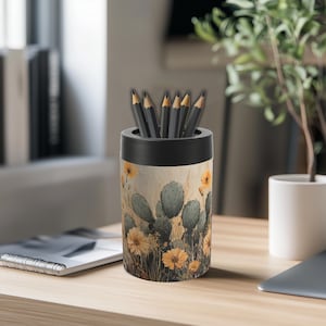 May include: A cylindrical pencil holder with a black rim and base, featuring a desert landscape design with cacti and yellow flowers. The holder contains several black pencils. The design is printed on a beige background.