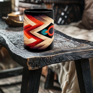 Puede incluir: Taza de café negra con un diseño geométrico que presenta colores rojo, naranja, amarillo, azul y negro. El diseño se asemeja a un ojo estilizado con una pluma azul.