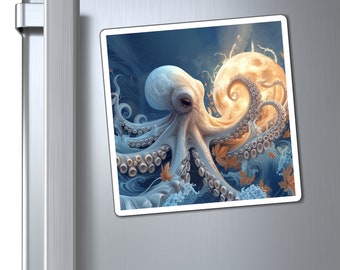 White Octopus Magnet, Octopus Magnetic Sticker, Fridge Magnet, Beach Home Decor
