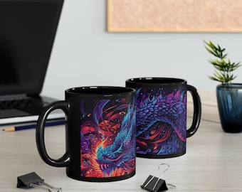 Colorful & Vibrant Dragon Coffee Mug, Dragon Coffee Cup, Dragon Mug, Dragon Cup, Gaming Mug, 11oz Black Mug
