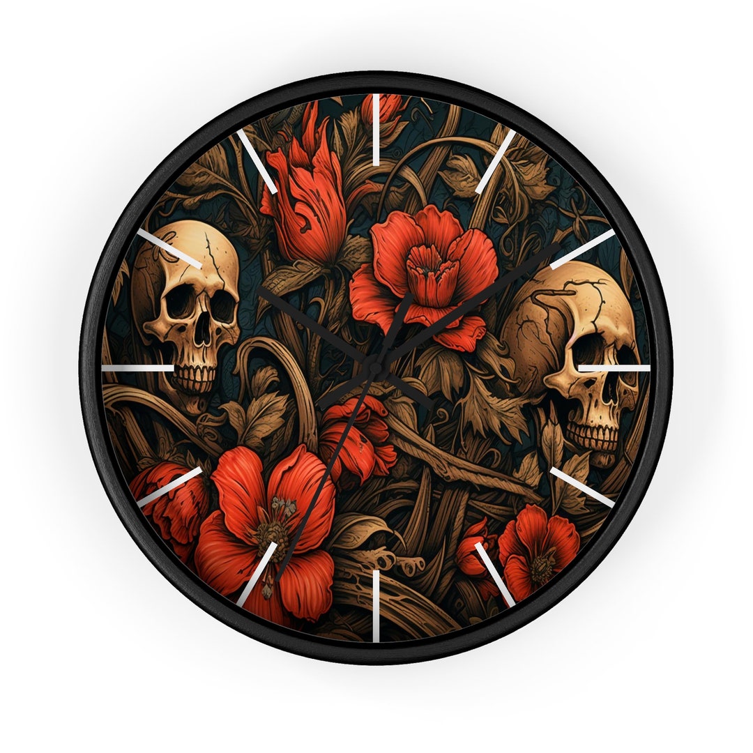 Dark Academia Wall Clock, Skull and Rose Clock, Unique Timepiece