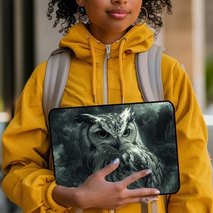 Nocturnal Guardian Fantasy Owl Gaming Laptop Sleeve - Owl Print iPad Sleeve for Owl Lovers and TCG / PC Gamers - Gift for Wife or Girlfriend
