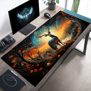 Autumn Deer Desk Mat, Fantasy Stag Desk Pad, Hunters Delight Mouse Pad, Serene Forest Mousepad, Long Computer Keyboard Pad XL XXL Big