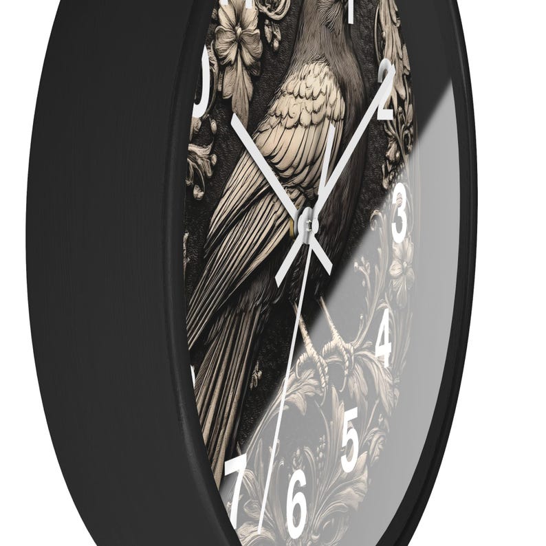 Art Nouveau Gothic Crow 10" Round Wall Clock - Wooden Case - Battery Operated - Silent Mechanism - Cute Home Decor Gift for Mom image 4