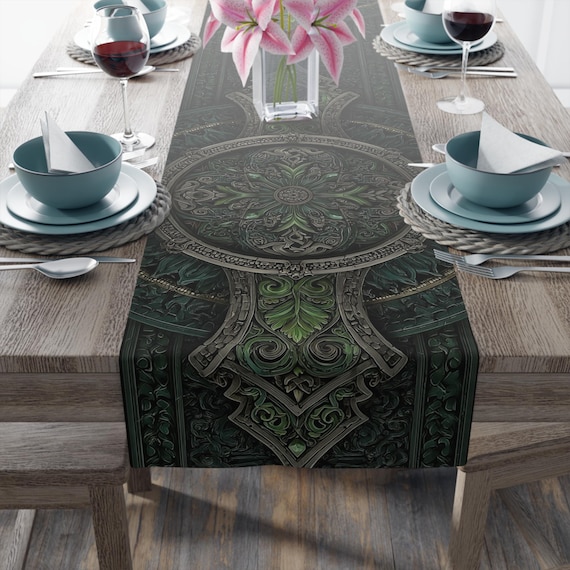 Celtic Green Patterned Polyester Table Runner - 2 Size Options - Floral Art Dining Decor - Kitchen Accessory - Table Decor