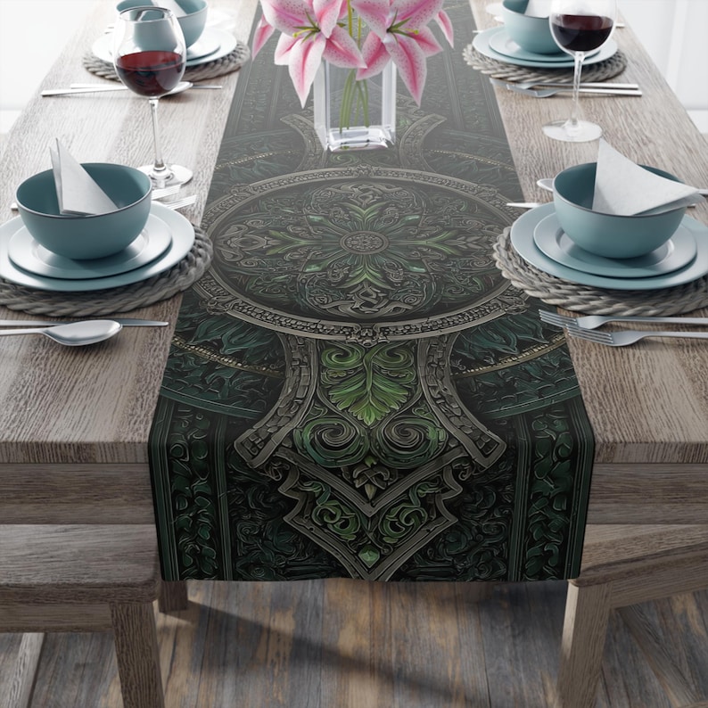 Celtic Green Patterned Polyester Table Runner - 2 Size Options - Floral Art Dining Decor - Kitchen Accessory - Table Decor image 1