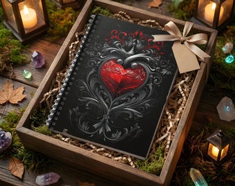 Ornate Gothic Heart in Black/Red Ruled Line Notebook - Dark Academia Personal Journal or Diary - Spiral Bound Notebook - Goth Stationery