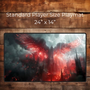 May include: A fantasy-themed playmat featuring a large, fiery red winged creature emerging from a dark, gothic city. The playmat is 24 inches by 14 inches.