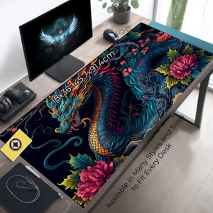 May include: A black and blue gaming mouse pad with a colorful dragon design and floral accents. The mouse pad is 18x36 inches and is available in many styles and sizes to fit every desk.  Available in Many Styles and Sizes to Fit Every Desk.