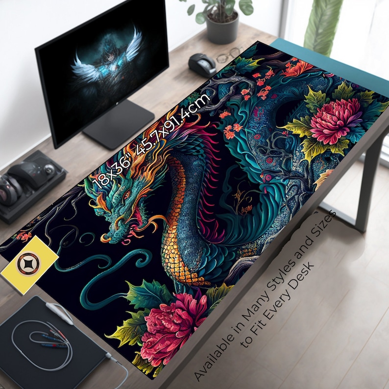 May include: A black and blue gaming mouse pad with a colorful dragon design and floral accents. The mouse pad is 18x36 inches and is available in many styles and sizes to fit every desk.  Available in Many Styles and Sizes to Fit Every Desk.