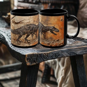 T-Rex Fossil Art Mug - Dinosaur Mug - Fantasy Dino Coffee Mug - Dino Gifts - 11oz or 15oz Black Ceramic Mug