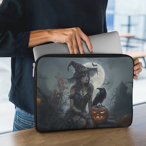 Gray Witch Laptop Sleeve, Witchy iPad Sleeve, Spooky Halloween Themed Computer Tote Bag, Laptop Bag, Notebook Cover