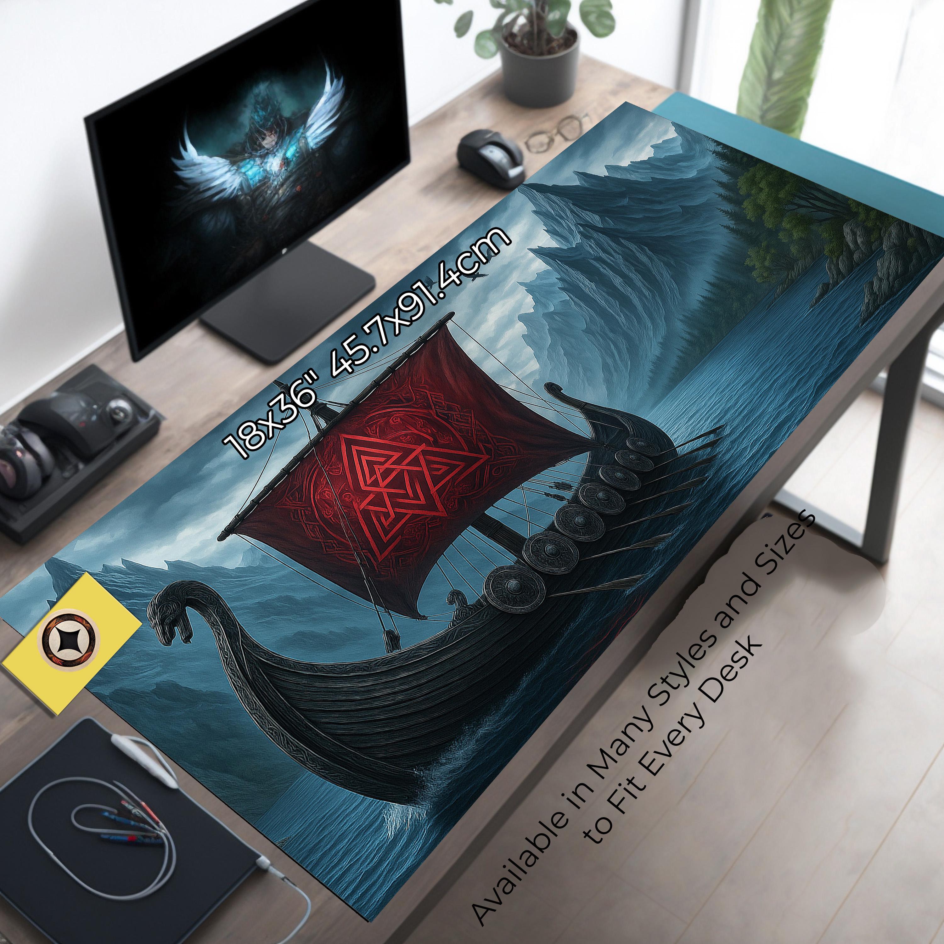 Viking Longboat Red Sail Desk Mat and Mousepad