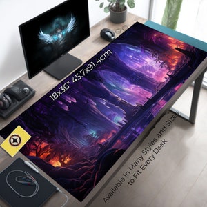 May include: A large, colorful gaming mouse pad with a fantasy forest scene. The mouse pad is 18x36 inches and features a purple, blue, and orange color scheme. The text "Available in Many Styles and Sizes to Fit Every Desk" is printed on the bottom right corner of the mouse pad.