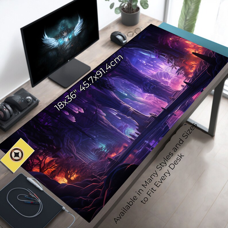 May include: A large, colorful gaming mouse pad with a fantasy forest scene. The mouse pad is 18x36 inches and features a purple, blue, and orange color scheme. The text "Available in Many Styles and Sizes to Fit Every Desk" is printed on the bottom right corner of the mouse pad.