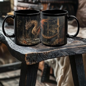 Medieval Forest Dragon Mug - TCG Mug - Gamer Mug - Fantasy Medieval Art Mug - Gift for Him - 11oz or 15oz Black Ceramic Mug