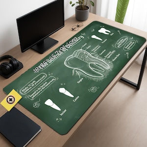 May include: Green desk mat with a detailed diagram of a tooth, labeled with anatomical terms. The mat measures 18x36 inches. Additional text includes facts about teeth and their structure. The design is in white on a green background.