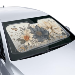 Modern Farmhouse Gray Aesthetic Car Windshield Sunshade - Floral Car Sun Shade - Window Cover for Cars, Trucks and SUVs