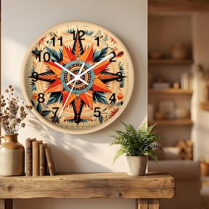 May include: A round wall clock with a cream-colored face and a compass rose design in orange, blue, and black. The clock has black numerals and hands, and is mounted on a white wall. The clock is approximately 12 inches in diameter.