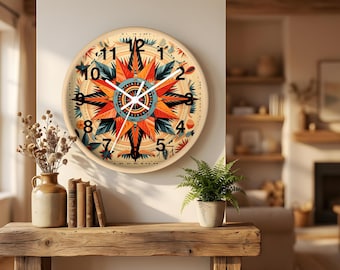Orologio da parete Startburst, arte in stile nativo americano, orologio da parete unico, orologio da parete in stile sud-occidentale, orologio da parete rotondo in stile sud-occidentale