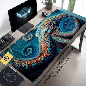 May include: A blue and orange octopus with swirling patterns on a dark blue background. The text "Available in Many Styles and Sizes to Fit Every Desk" is at the bottom of the image.