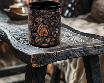 Mok met bloemen in middeleeuwse stijl uit de oude wereld - middeleeuwse koffiekop - middeleeuwse mok, zwarte keramische mok van 11 oz of 15 oz