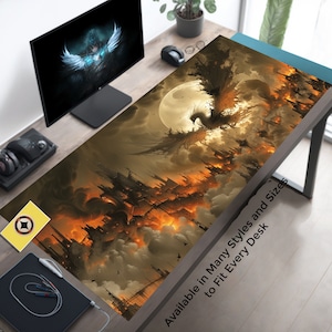 Phoenix s'élève au-dessus de la ville gothique en feu, sous-sol de jeu pour gamer, cadeau pour gamer, décoration de table de jeu, tapis de jeu pour dessus de table