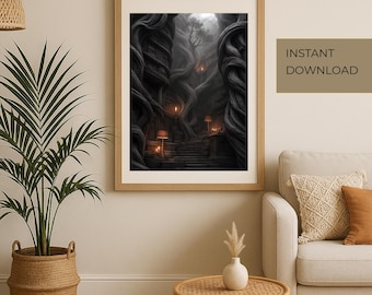 Enchanted Library Staircase Art Print: Mystical Book Forest (Digital Download)