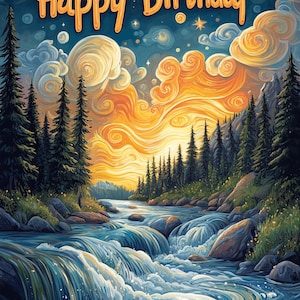 Western Whimsical Forest and River Happy Birthday Card - Instant Download Card - Print at Home Card Design
