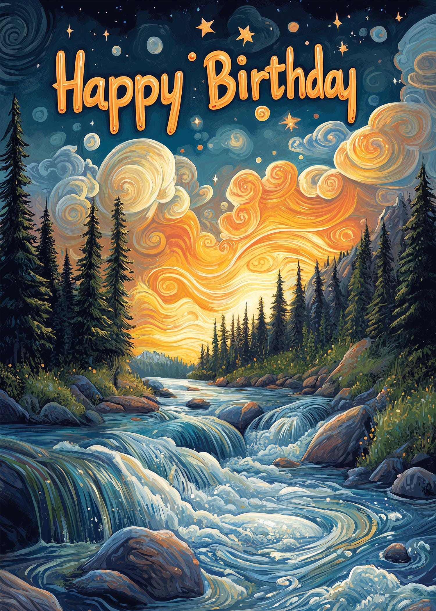 Western Whimsical Forest and River Happy Birthday Card - Instant Download Card - Print at Home Card Design