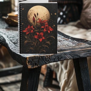 Goth Diary - Personal Journal Featuring Gothic Red Lilies, Full Moon, Black Sky - Spiral Bound Notebook with 118 90gsm pages