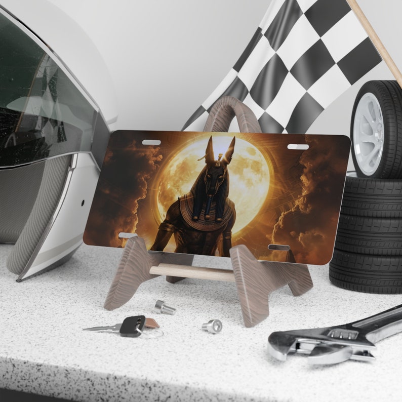 Car Front Plate, Vanity Plate Featuring Ancient Egyptian Mythology Art - Anubis, Egypt Car Decor, Egyptian Gifts, Egypt Car Accessory imagen 1