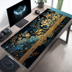 Viktorianische Eleganz Schreibtischmatte, Blau Gold botanische Maus Pad, Pflanze Mousepad, Aesthetci Schreibtischunterlage, klein, groß, XL