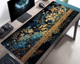 Victorian Elegance Desk Mat, Blue and Gold Botanical Mouse Pad, Plant Mousepad, Flowers Desk Decor, Aesthetci Office Mat, Small, Large, XL