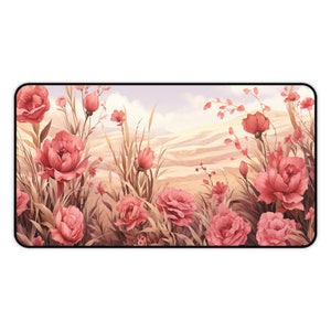 May include: A digital illustration of a field of pink flowers with a soft, pastel background. The flowers are in various stages of bloom, with some fully open and others still in bud. The background is a soft, pastel color, with a hint of blue in the sky.