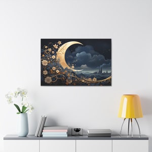 Dreamy Moon Art Wall Print, Large Canvas Print, Blue Wall Decor, Moon Home Decor, Bedroom Art, Living Room Art, Celtic Moon Art