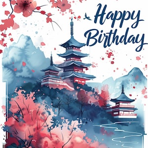 Cartão de Feliz Aniversário, Palácio Japonês e Sakura, Estilo Aquarela, Download Instantâneo, Imprimir em Casa