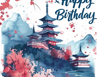Happy Birthday Card, Japanese Palace and Sakura, Watercolor Style, Instant Download, Print from Home